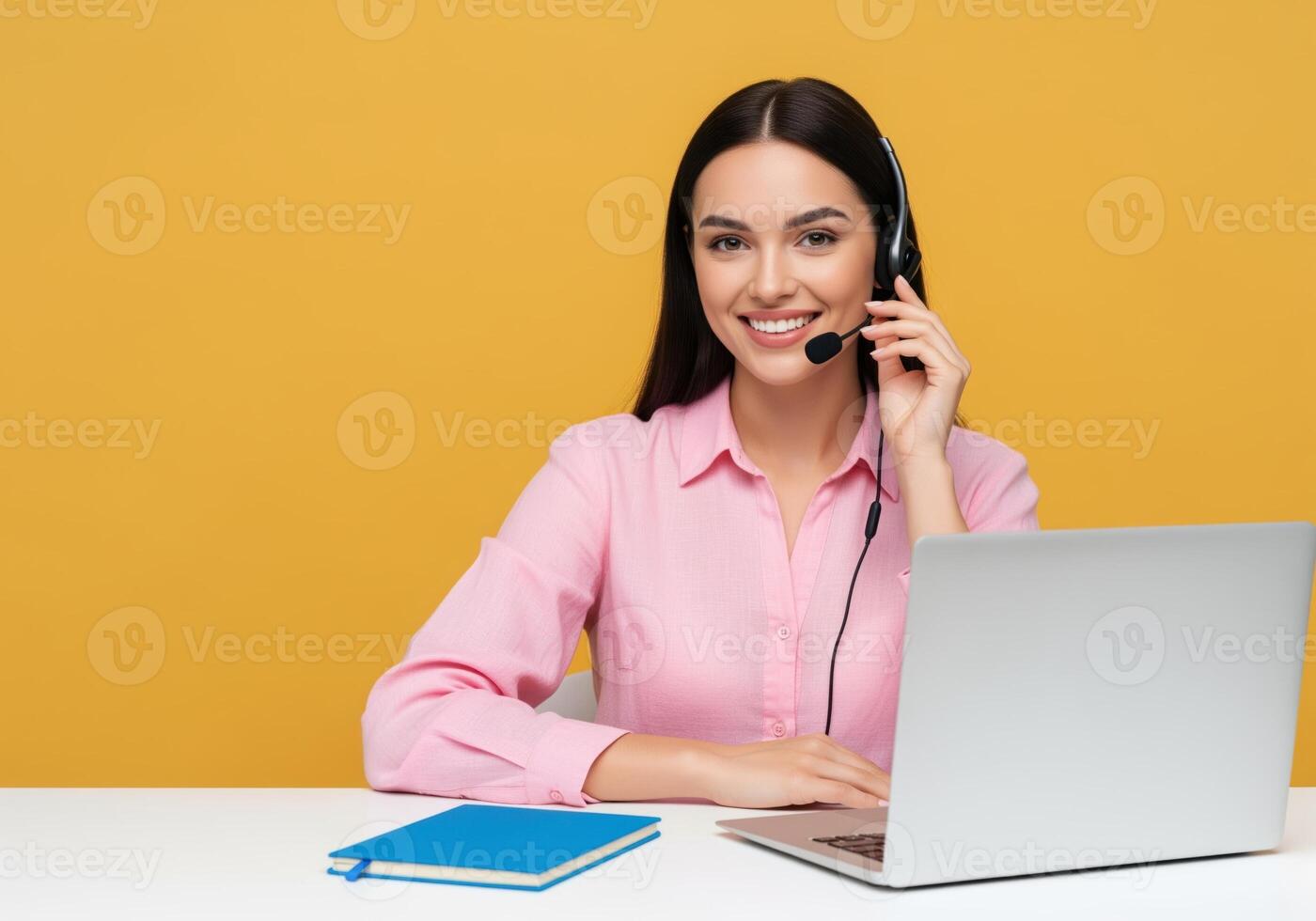 Professional female support agent smiling while wearing a headset and using a computer photo