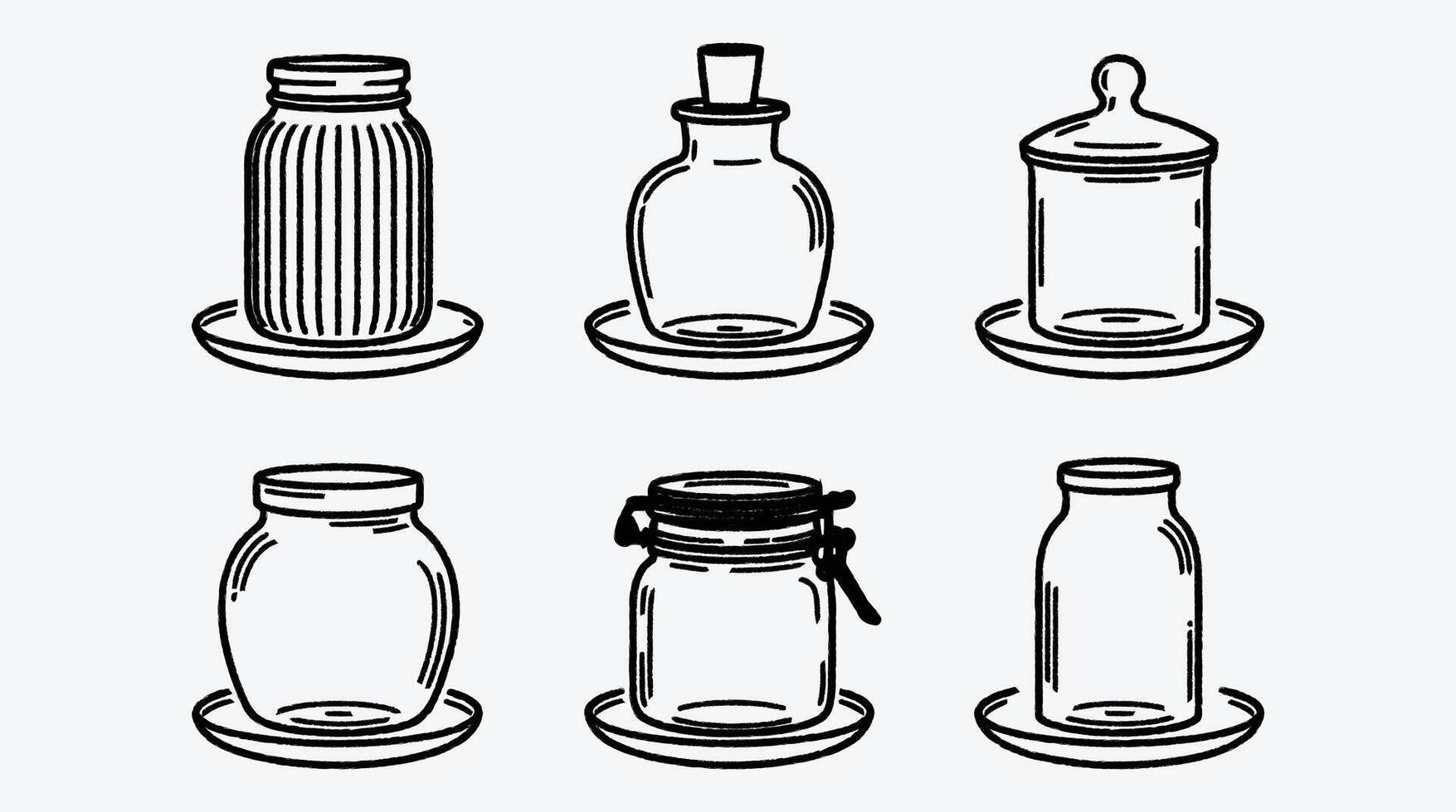Assorted glass jars and bottles displayed in an artistic line drawing vector