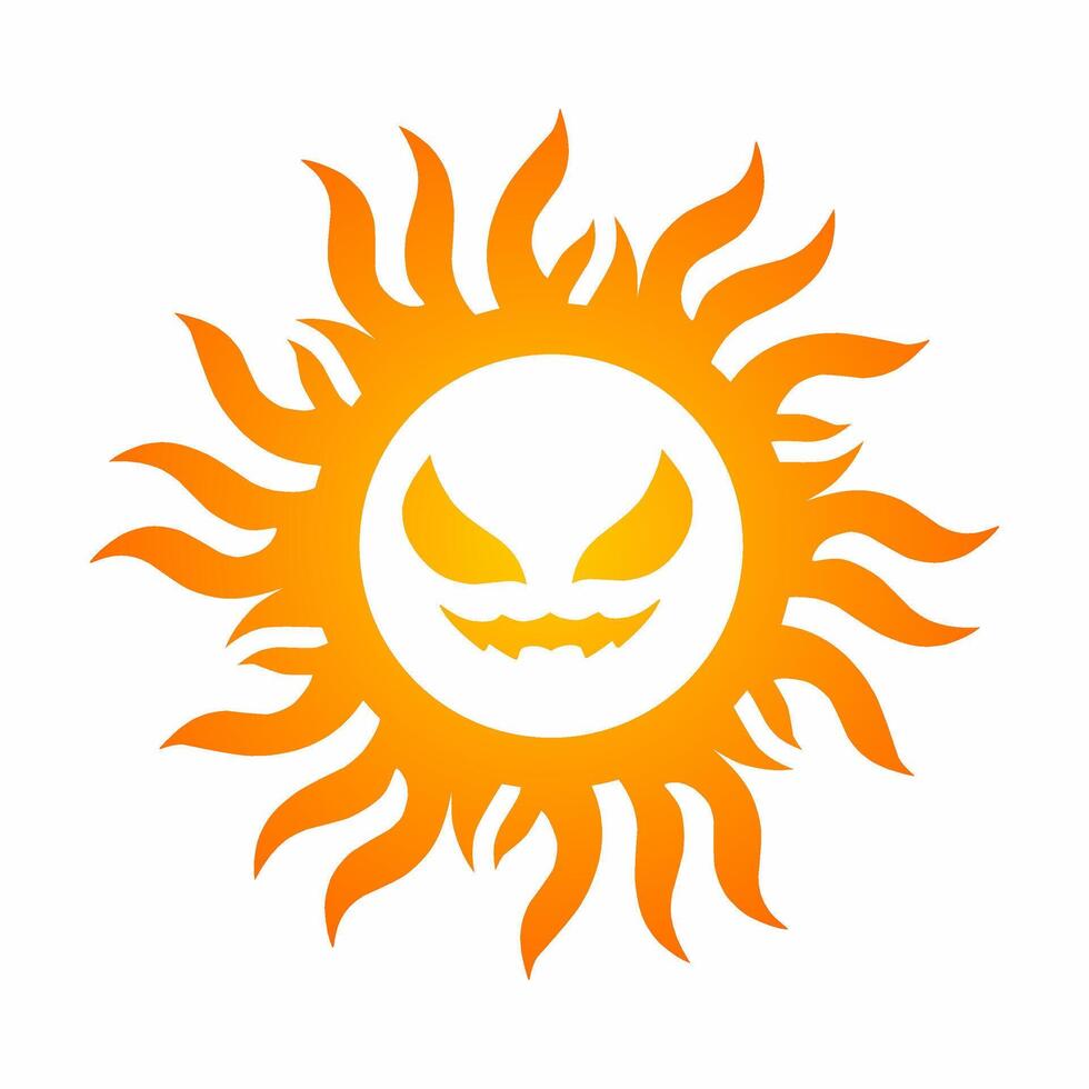 illustration of a stylized sun with sharp flame-like rays and a mischievous, sinister face in the center vector