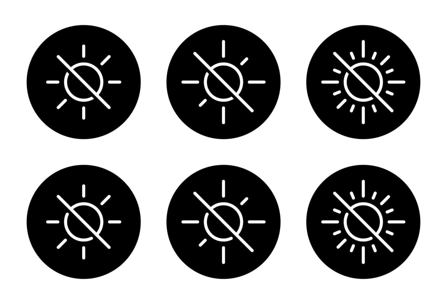 Brightness off icon set in black circle. Sun line with slash symbol. Light disable sign vector
