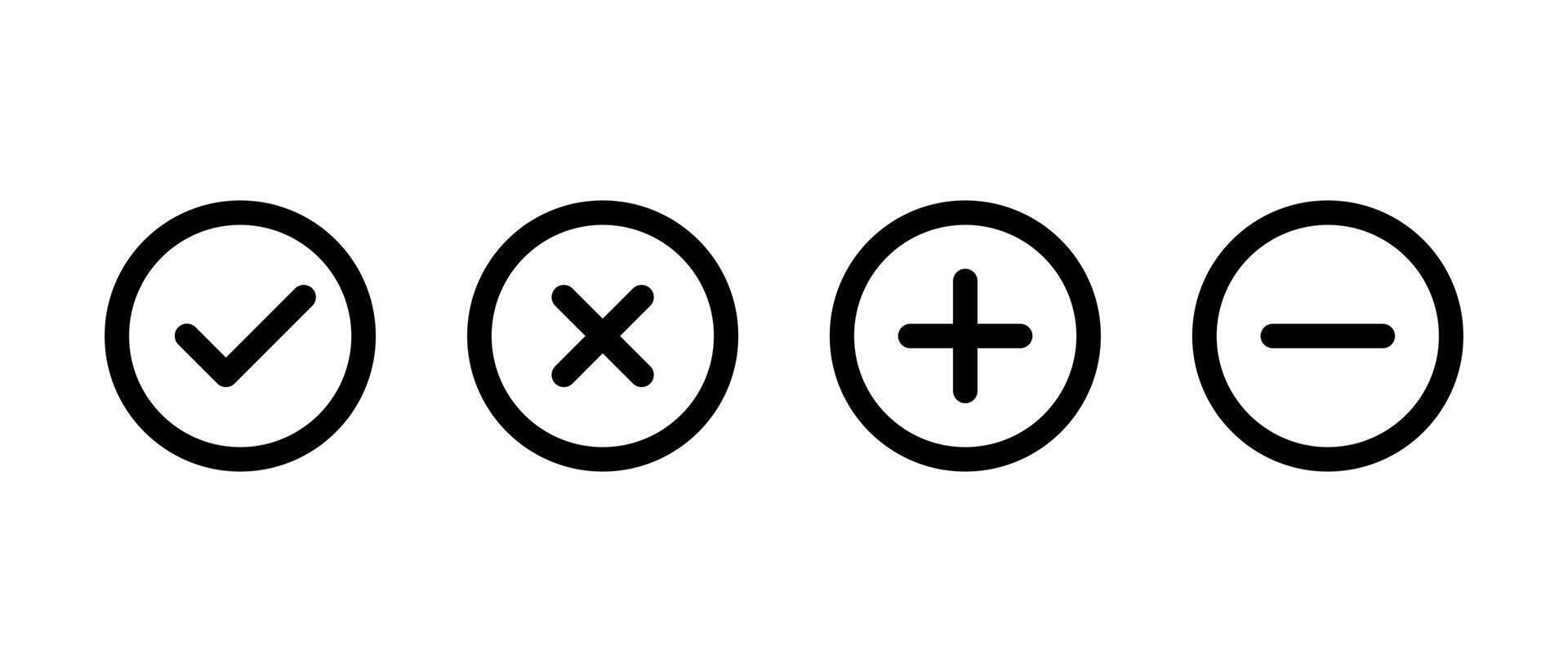 Check mark, cross, add, and remove icon in circular outline. Checkmark, X, plus, and minus sign vector