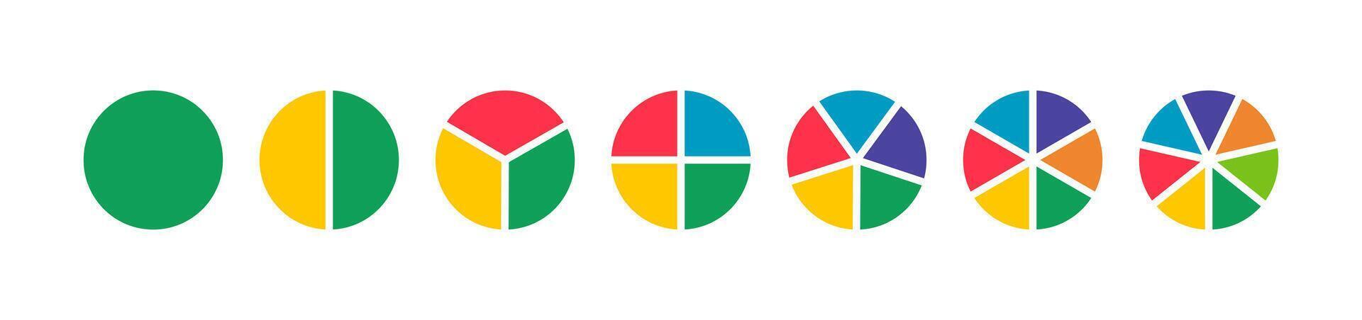 Pies segmented on from 1 to 7 equal parts. Donut charts. Multicoloured diagrams infographic. Circle section graph. Wheels divided in sections. Pie, pizza chart fraction round icons. Loading bar mockup vector