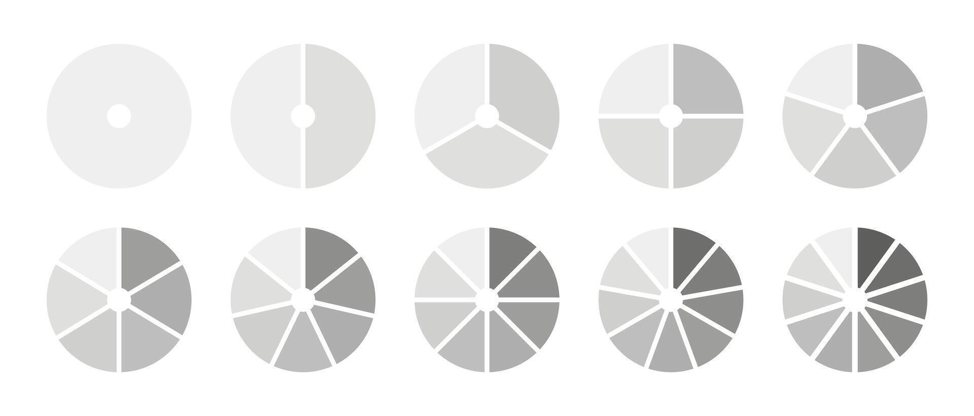 Monochrome diagram with 1, 2, 3, 4, 5, 6, 7, 8, 9, 10 equal sections, steps. Pie chart. Circle icons for UI, web design, business presentation, infographic, statistic, analytics. Graphic illustration. vector