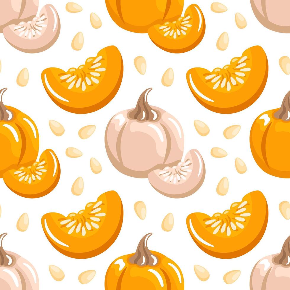 A seamless pattern of pumpkin pieces and seeds, warm orange tones, crisp edges, and subtle shadows for a cozy, rustic texture. vector