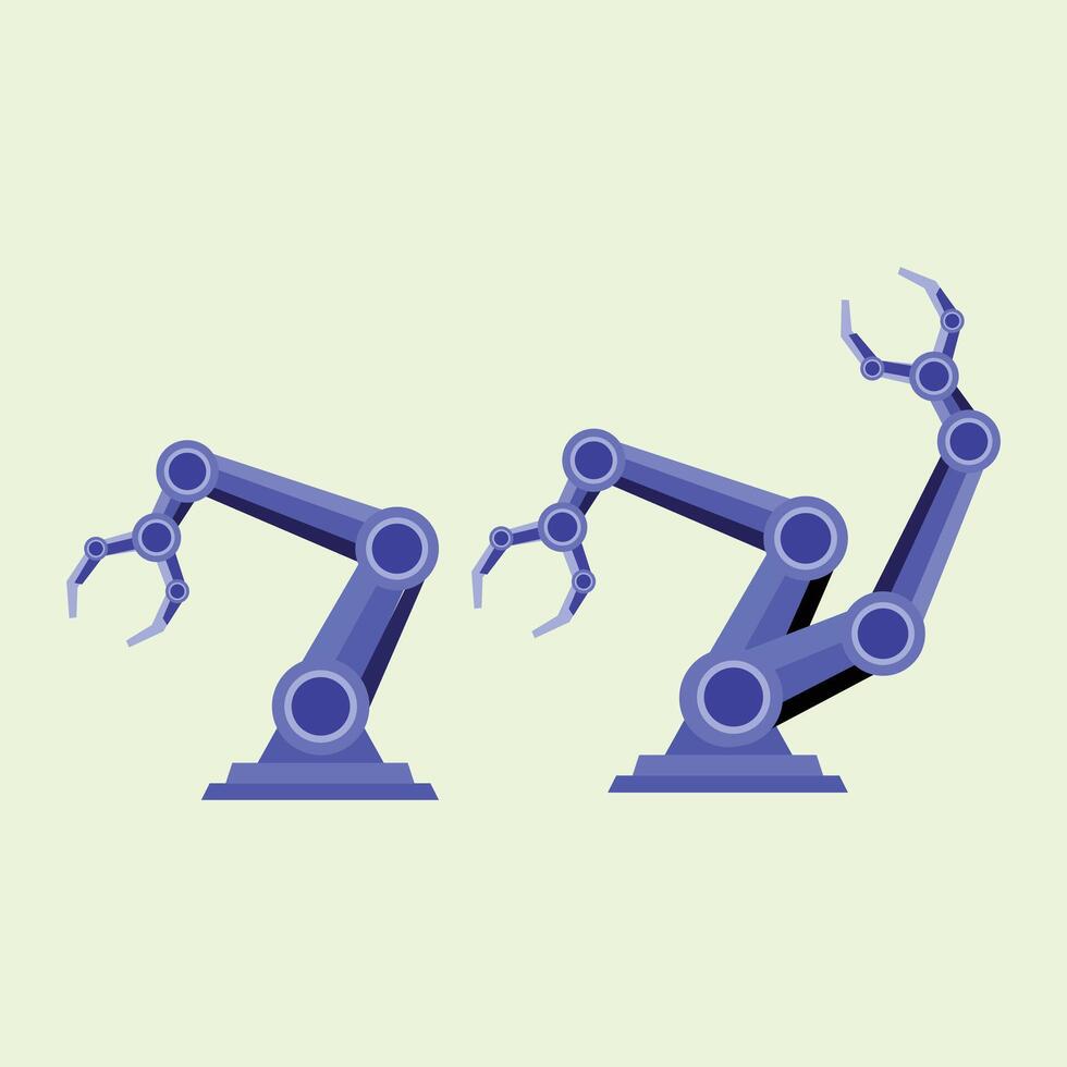 Blue robotic arms illustration symbolizing industrial automation, precision technology, and modern engineering innovation on a light green background. vector