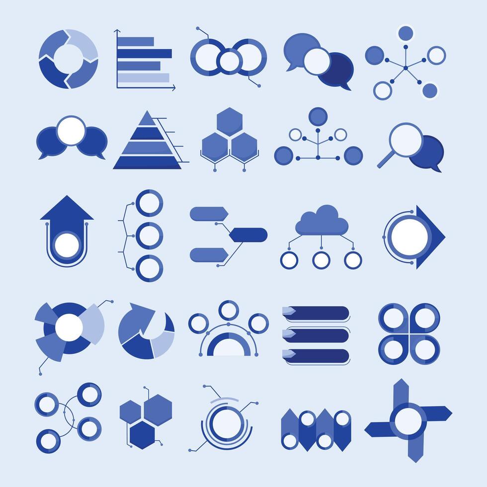 Set of modern infographic elements including charts, graphs, and diagrams for data visualization and presentation design. vector