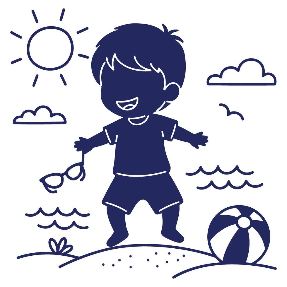 Happy Cartoon Boy Enjoying a Day at the Beach with Summer Vibes and Sunny Weather vector