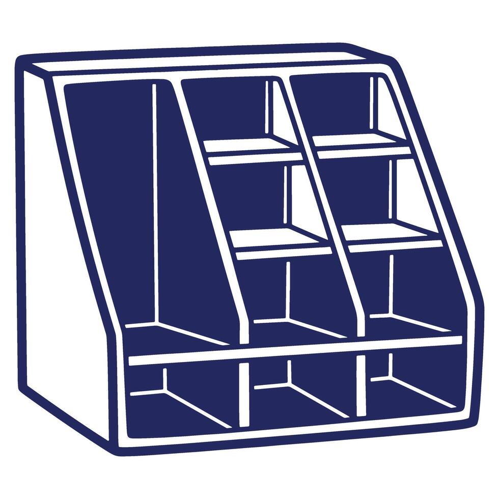 Blue and white isolated illustration of a storage display rack with multiple compartments and shelving for organizing items and promotional materials vector