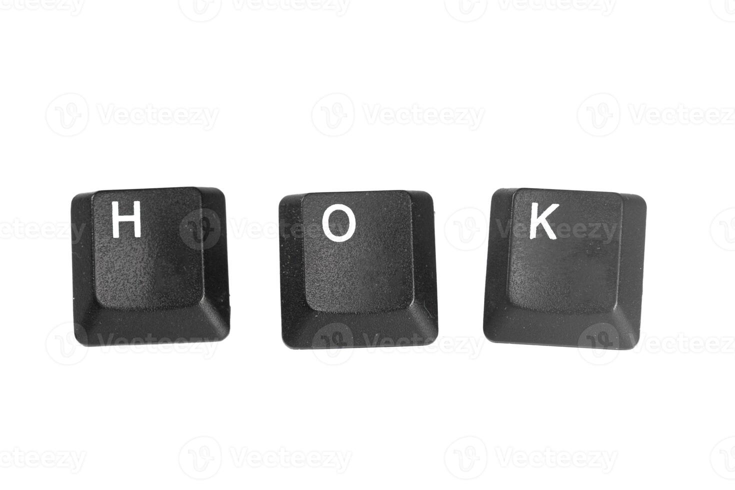 Black keyboard keys labeled H, O, and K arranged in a row on a white background photo