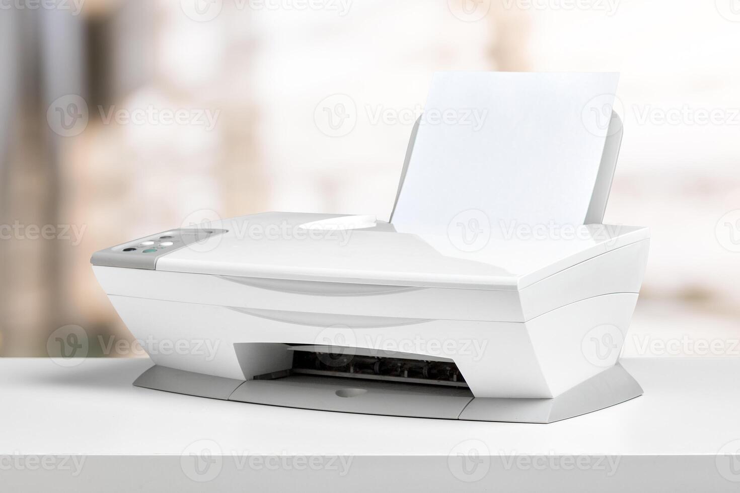 Printer on a desk ready for use in a bright workspace with a clean background photo