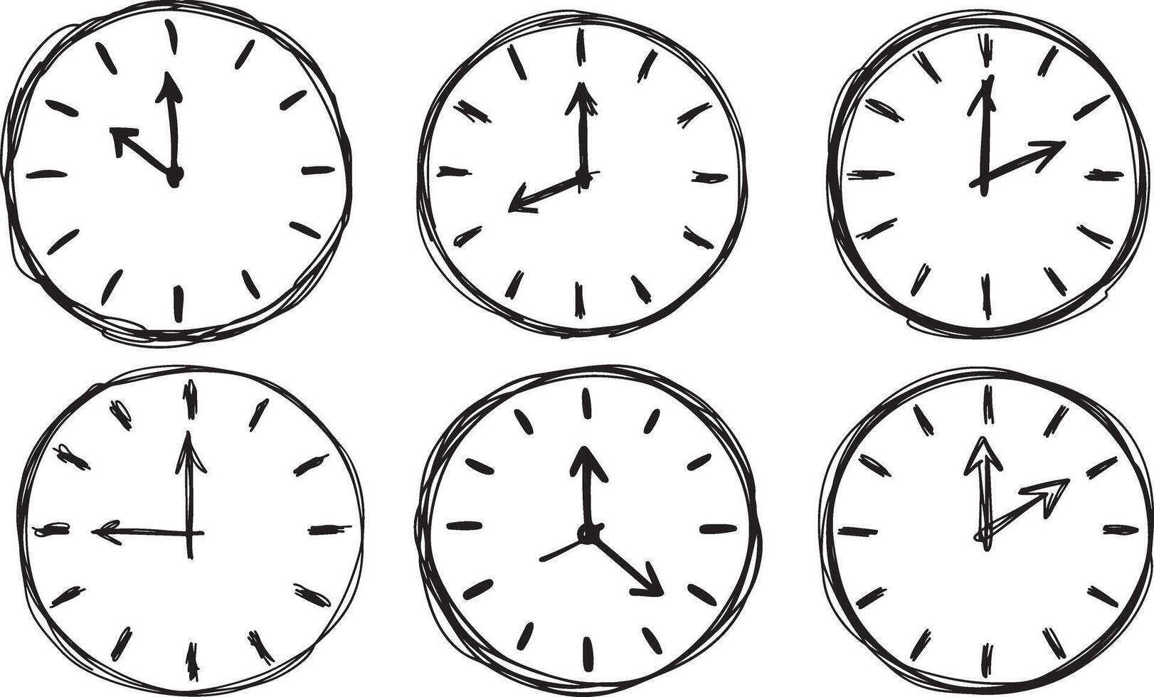 Clocks Sketch Collection Showing Different Times Hand Drawn Circle Doodle Style vector