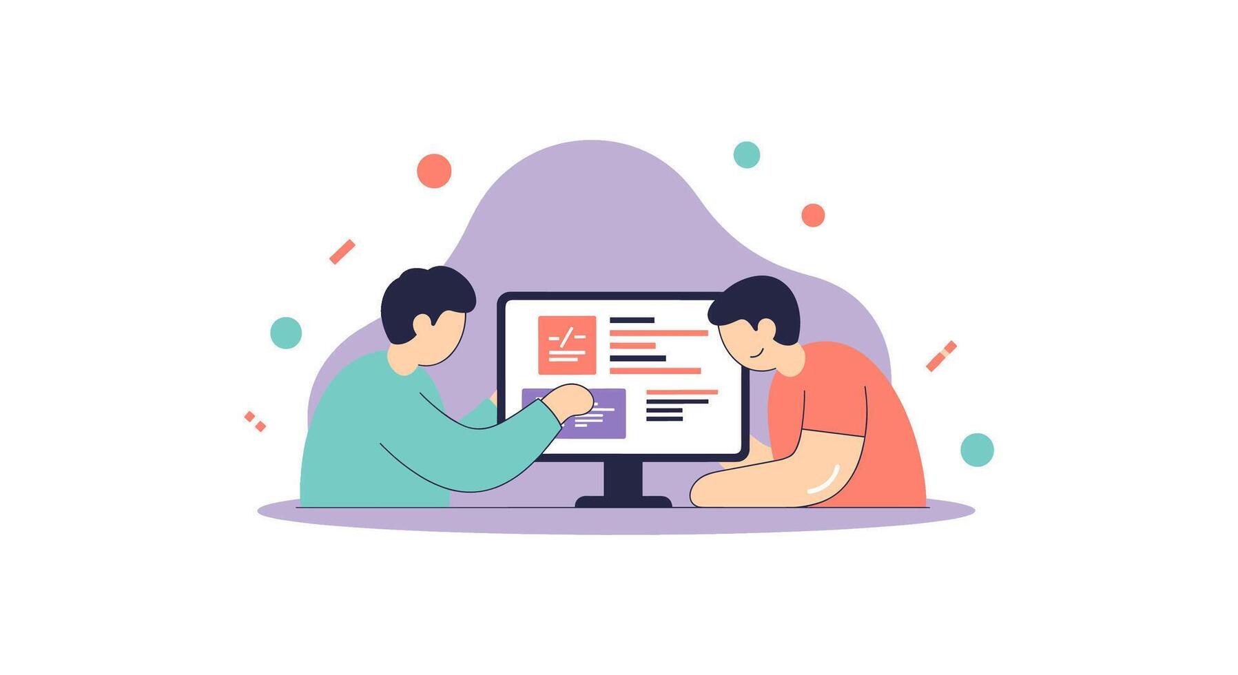 Two people collaborating on a computer screen, illustrating teamwork and digital project development vector