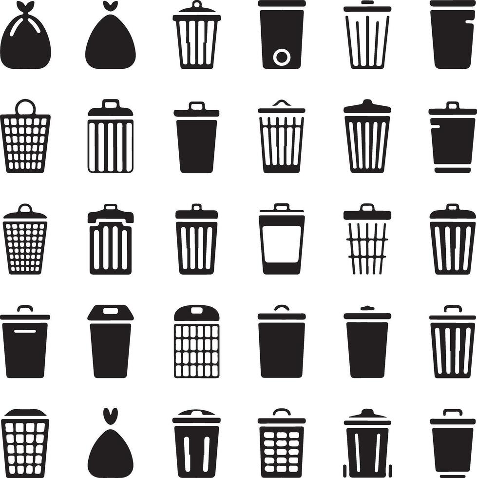 Collection of various trash can and garbage bag icons vector