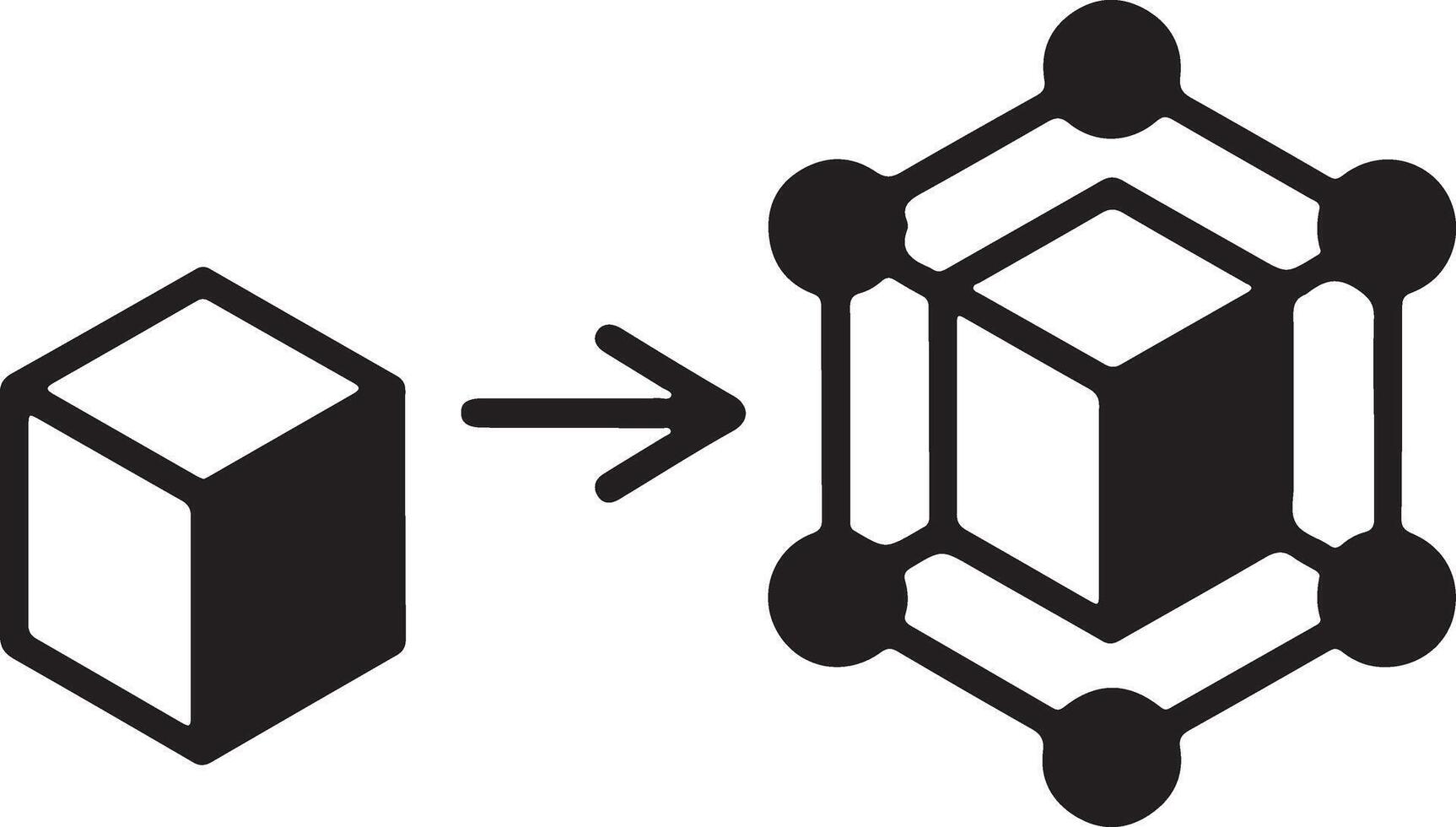 Cube transforming into a complex geometric structure with connecting nodes vector