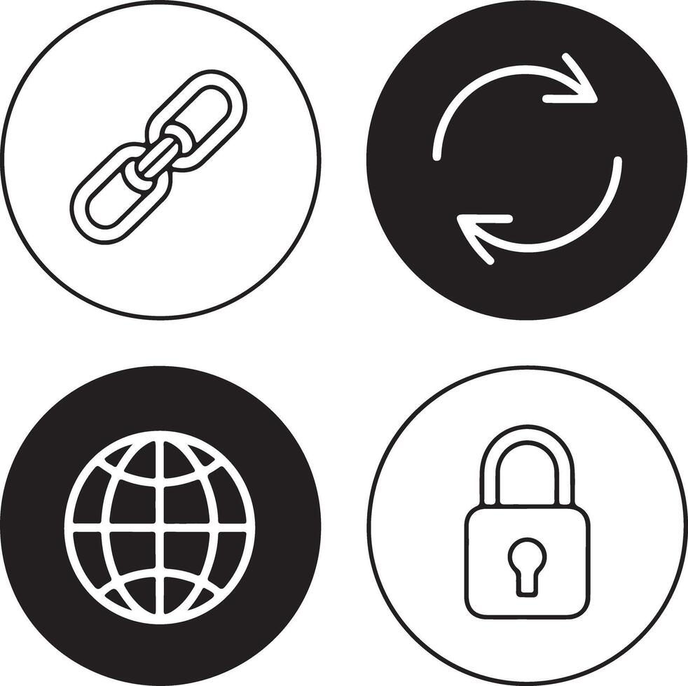 Four circular icons representing web link refresh security and global connectivity vector