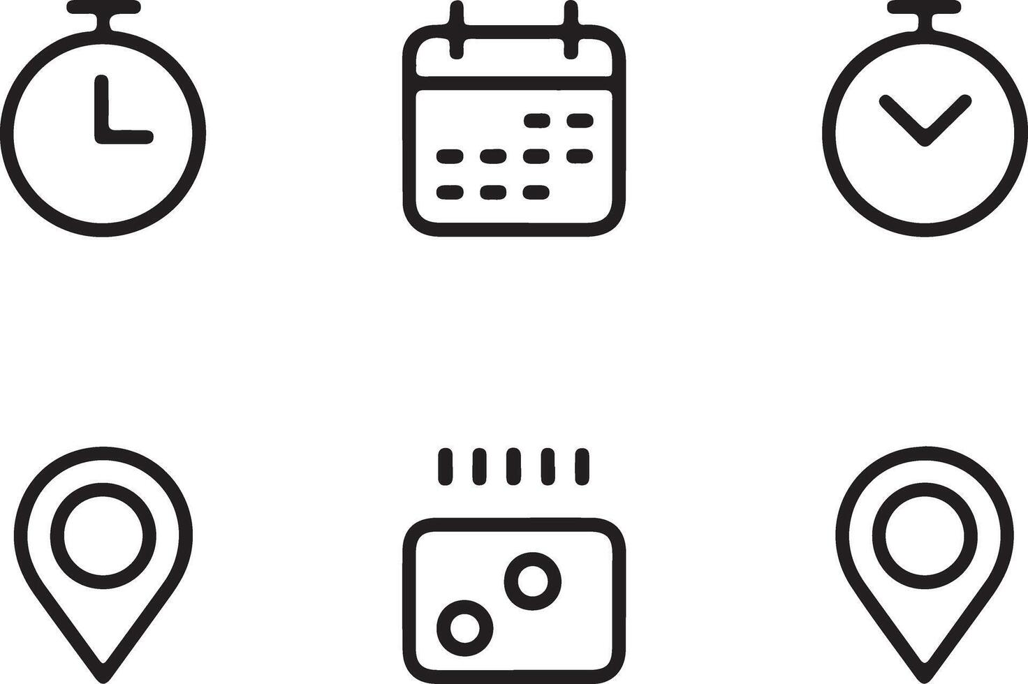 Set of six simple line icons representing time date and location vector