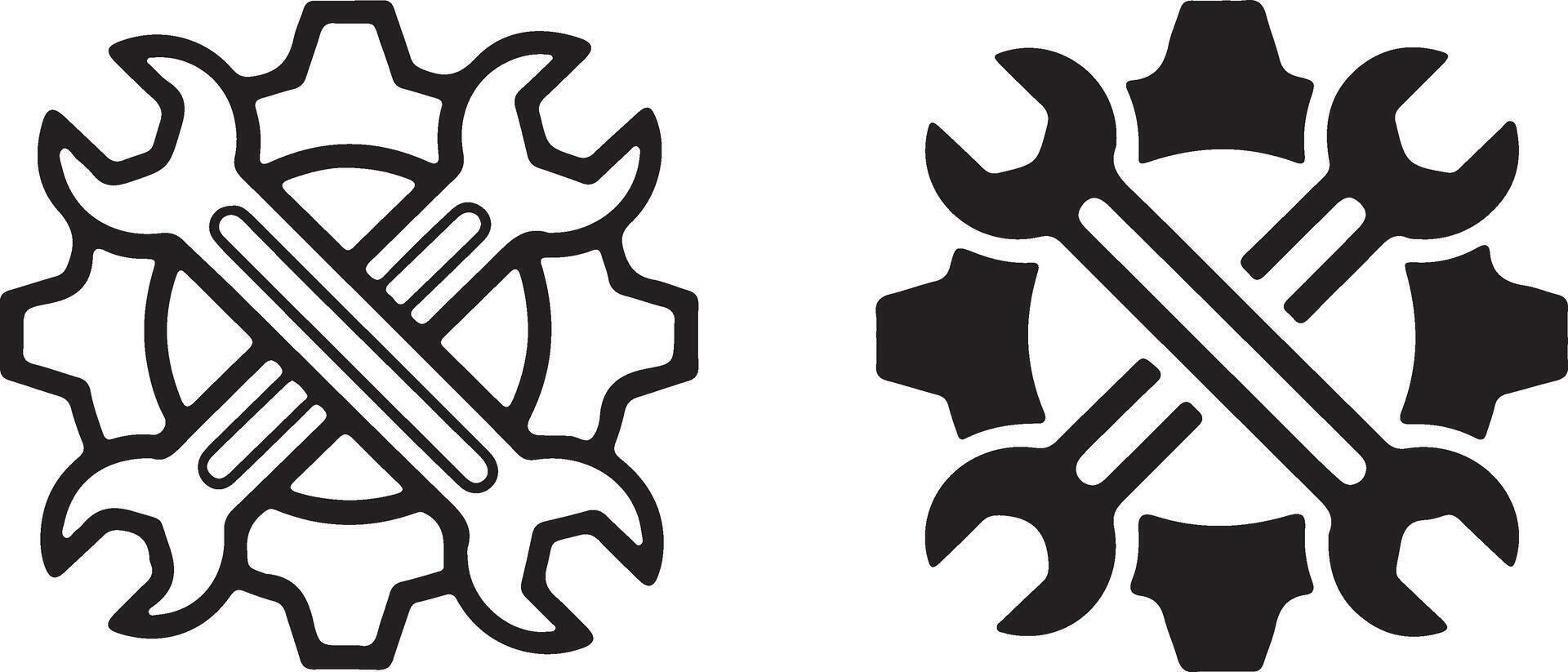 Two stylized icons of crossed wrenches and gears representing tools and mechanics vector