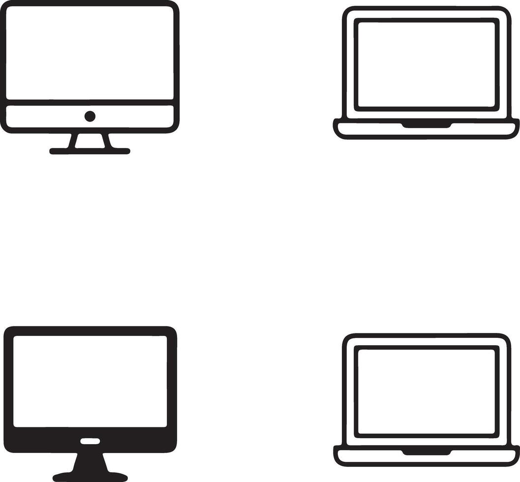 Simple line art icons of desktop computers and laptops vector