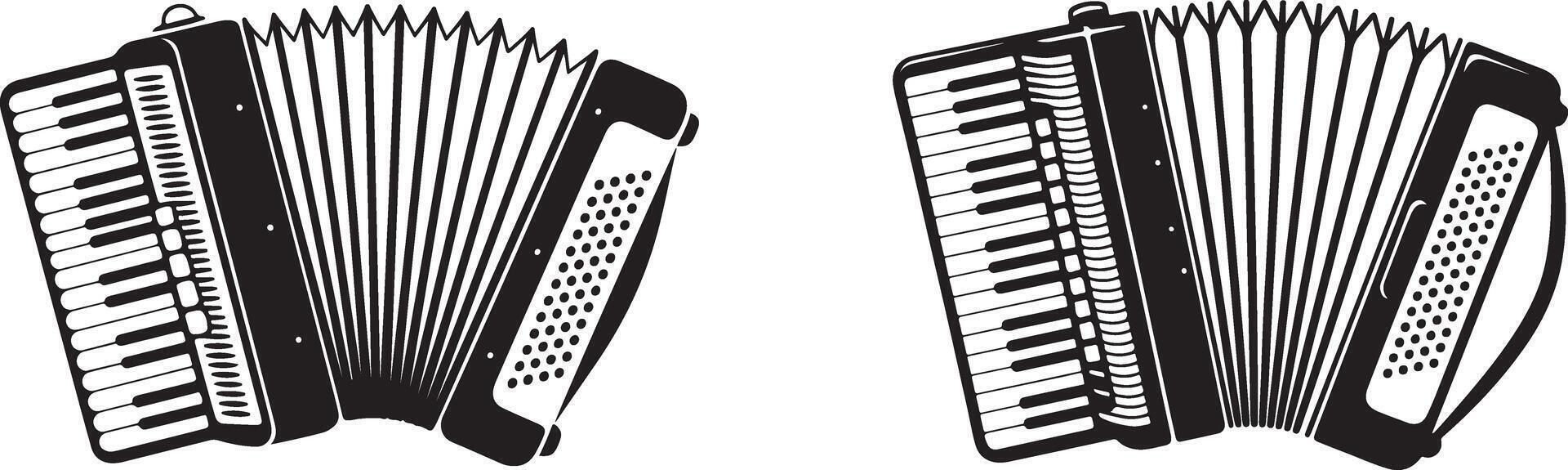 Black Accordions with Bellows and Keyboard Keys Classical Instrument Simple Icon vector
