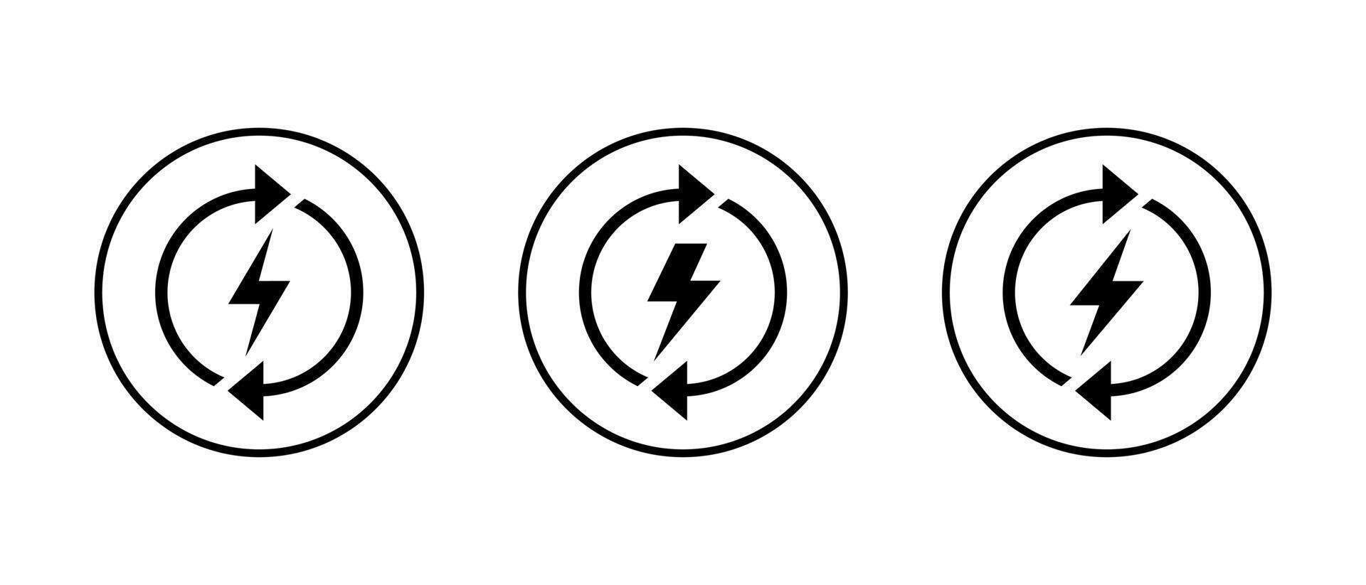 Energy refresh icon in circle line. Lightning bolt with circular arrow symbol. Power recharge and electricity sign vector