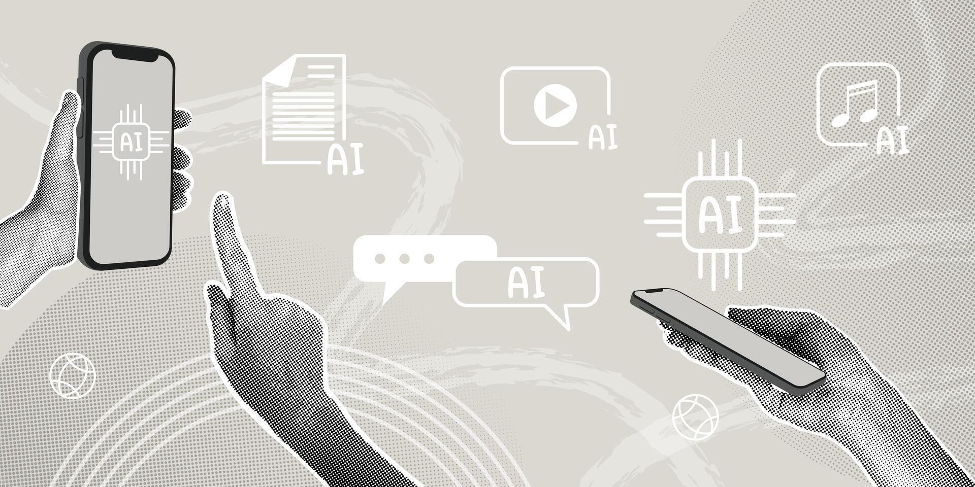 Integrating AI into mobile technologies and content creation. A trendy halftone collage. Content management concept, content creation, AI for automation. vector