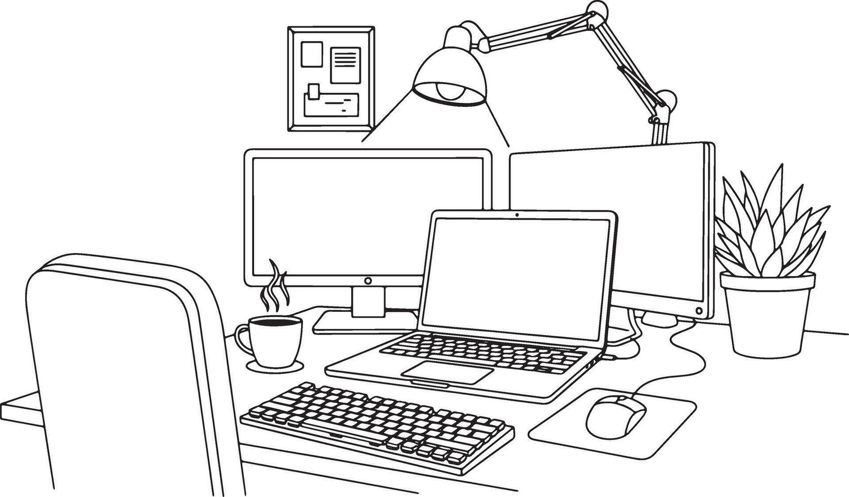 un dibujo de un computadora escritorio con un ordenador portátil y monitor vector