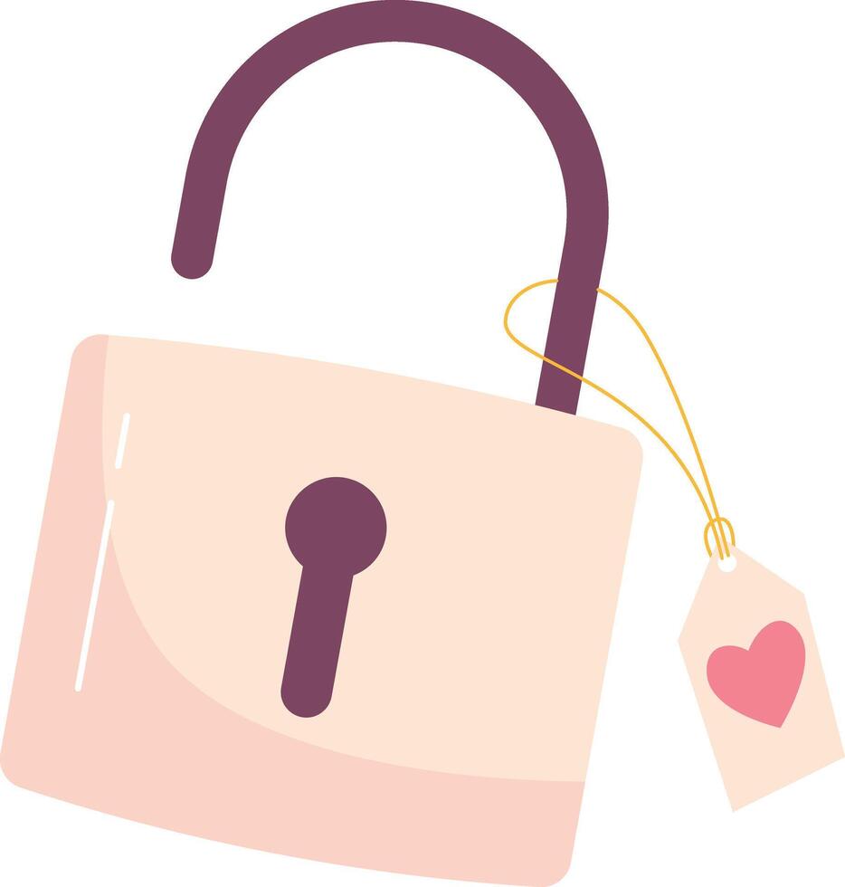 Charming illustration of an unlocked pastel padlock adorned with a sweet heart tag, symbolizing love, security, and new beginnings. A loving symbol of open affection and trust for various concepts vector