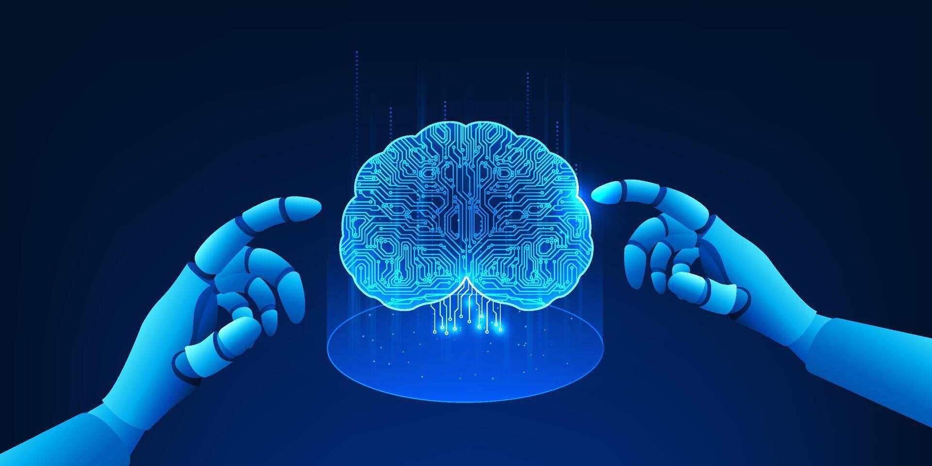 AI robotic hand creating a digital brain, symbolizing the development of artificial intelligence, machine learning evolution, and the rise of intelligent robotics in future technology vector