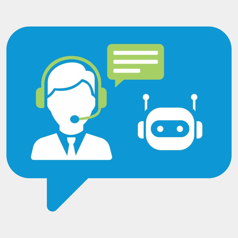 A chat bubble containing a customer service representative and a chatbot icon, representing modern customer support vector