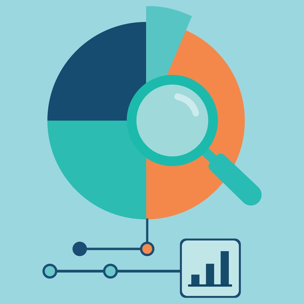 Data Analytics and Visualization with Pie Chart and Magnifying Glass vector