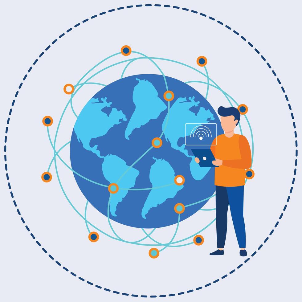 An abstract character interacting with a globally connected digital network, symbolizing worldwide technology and communication vector