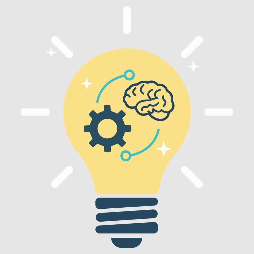 A bright lightbulb encompassing a gear and a brain, symbolizing innovative idea generation and creative thinking vector