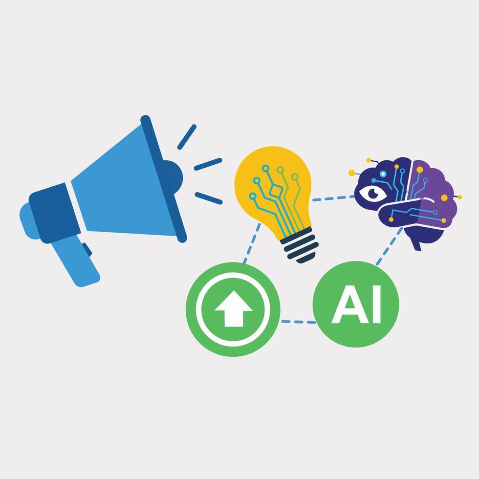 A megaphone with a lightbulb and brain icon, representing a comprehensive digital marketing strategy vector