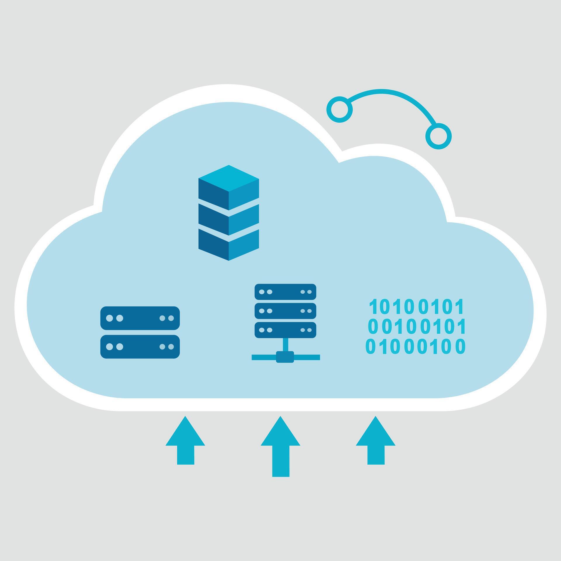 A cloud icon with various data server and binary code elements ...