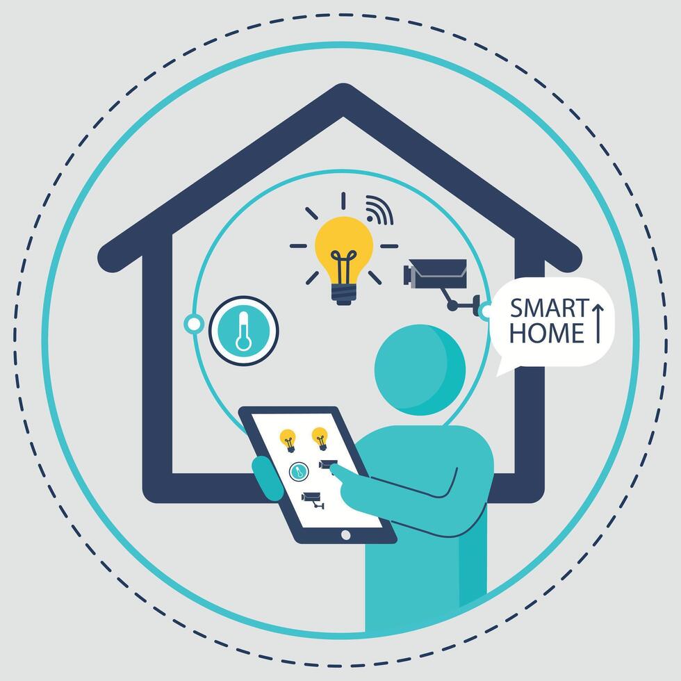 An abstract character controlling smart home devices via a tablet, depicting home automation and IoT vector