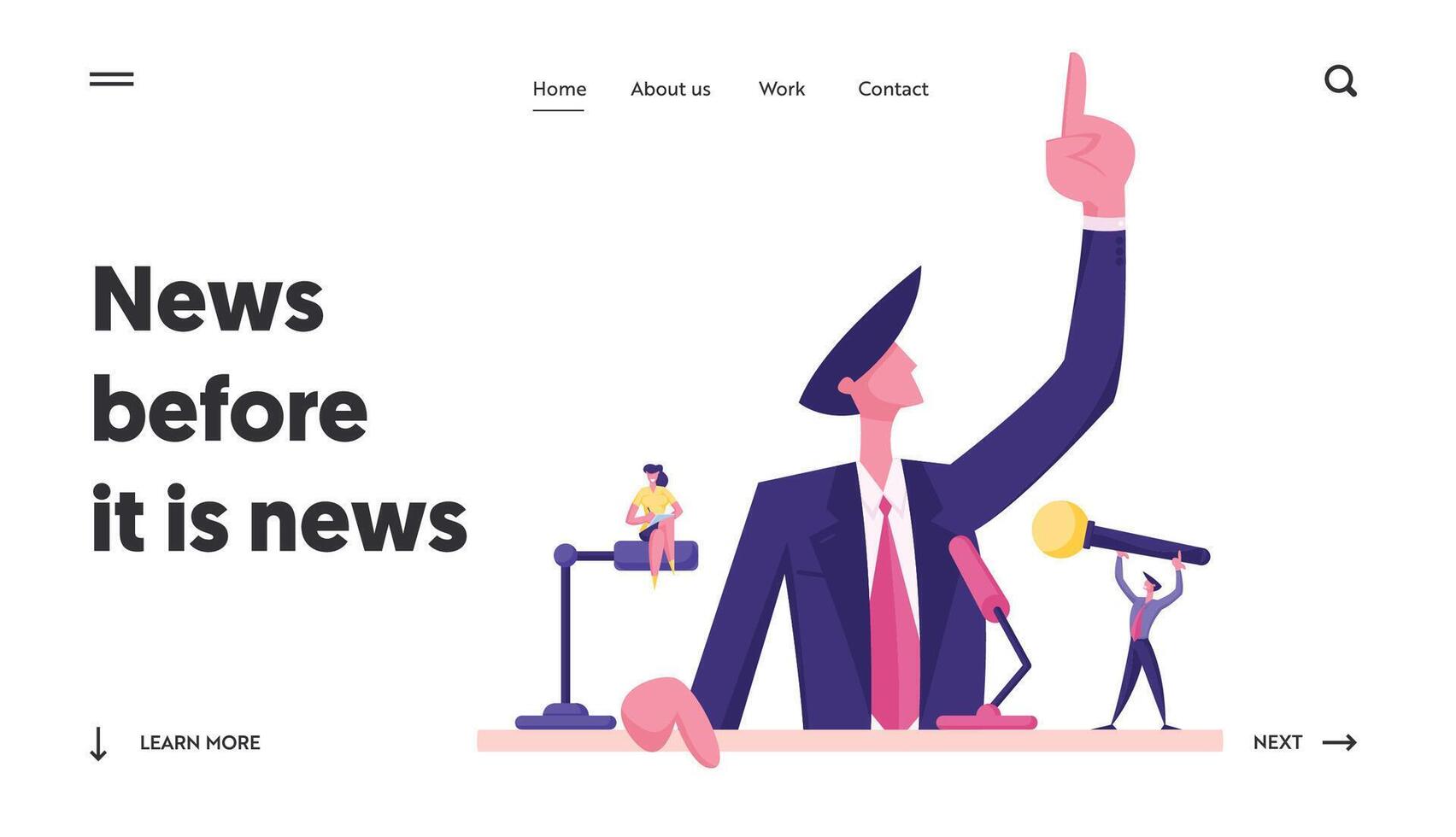 Candidate Speech Website Landing Page. Man in Suit Standing Behind of Podium with Microphones Speaking with Index Finger Pointing Up. Lecture Political Web Page Banner Cartoon Flat Illustration vector