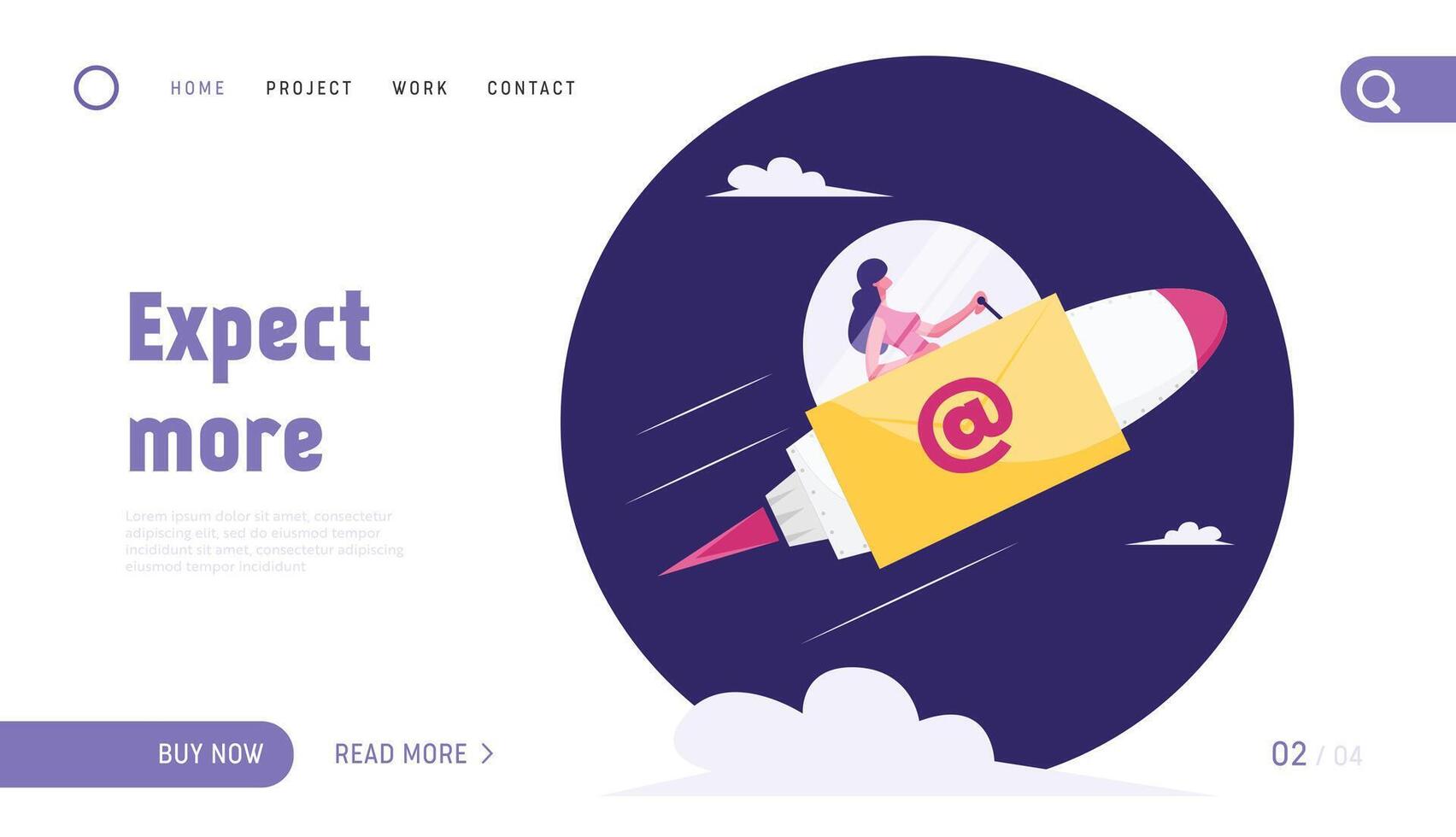 Express Message, Business Mail Correspondence, Document Sending Website Landing Page. Businesswoman Flying to Space on Rocket with Email Sign on Board Web Page Banner. Cartoon Flat Illustration vector