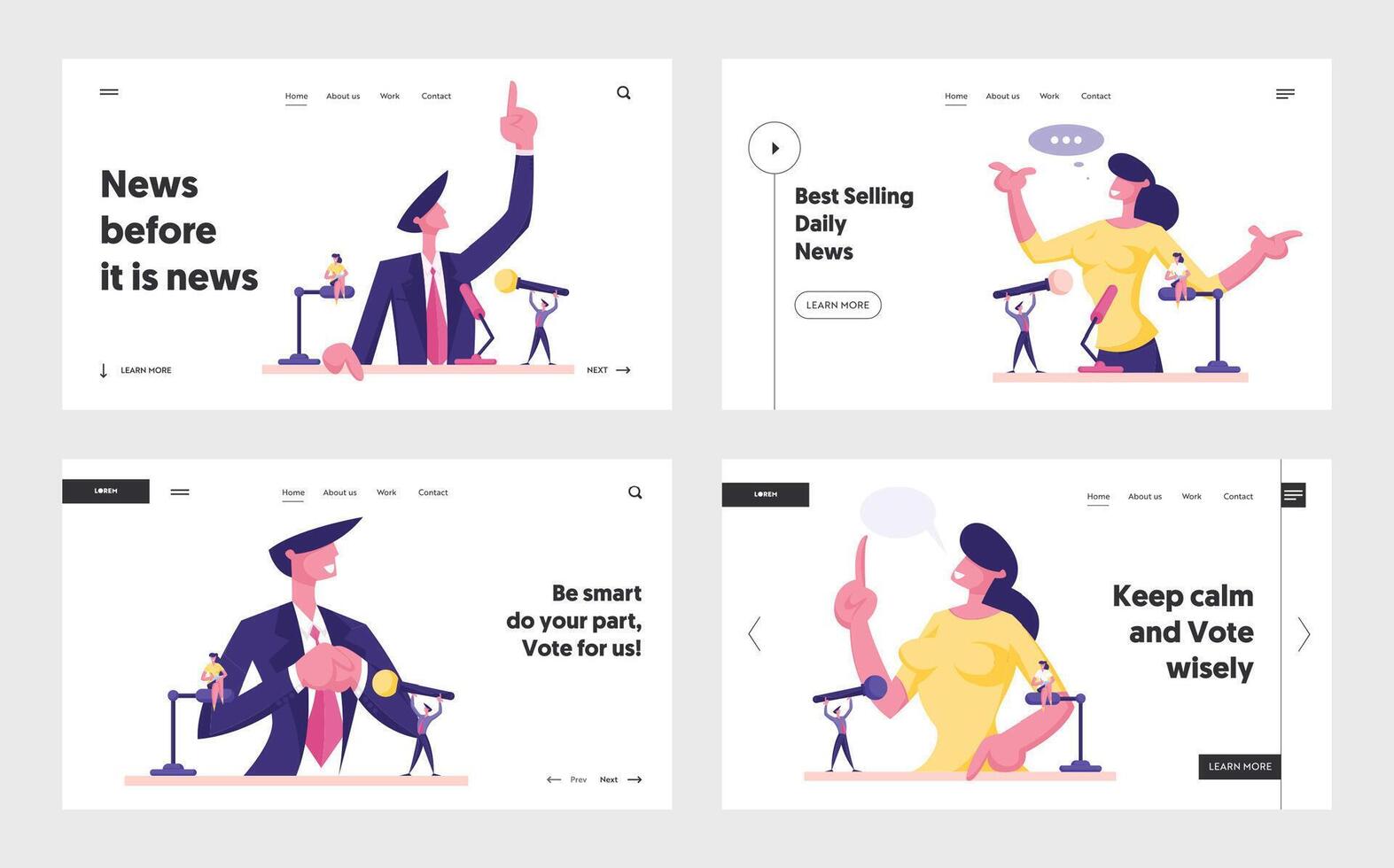 Candidate Speech, Lecture, Presentation or Television Interview Website Landing Page Set. Man and Woman Orators Standing on Tribune with Microphones Web Page Banner. Cartoon Flat Illustration vector