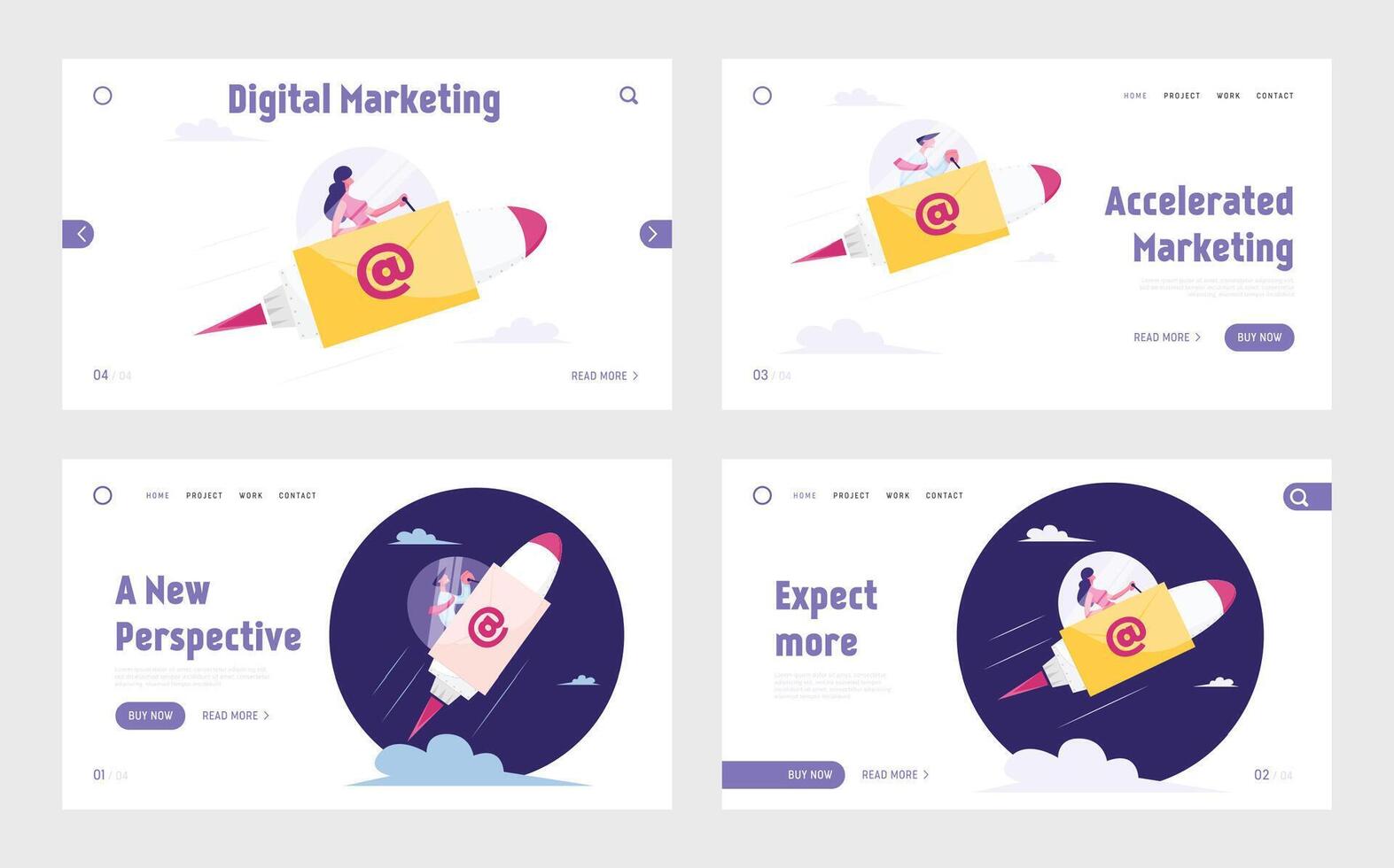 E-mail Correspondence Website Landing Page Set. Businesspeople Flying on Rocket with Email Symbol and Envelope on Board. Express Message Delivery Web Page Banner. Cartoon Flat Illustration vector