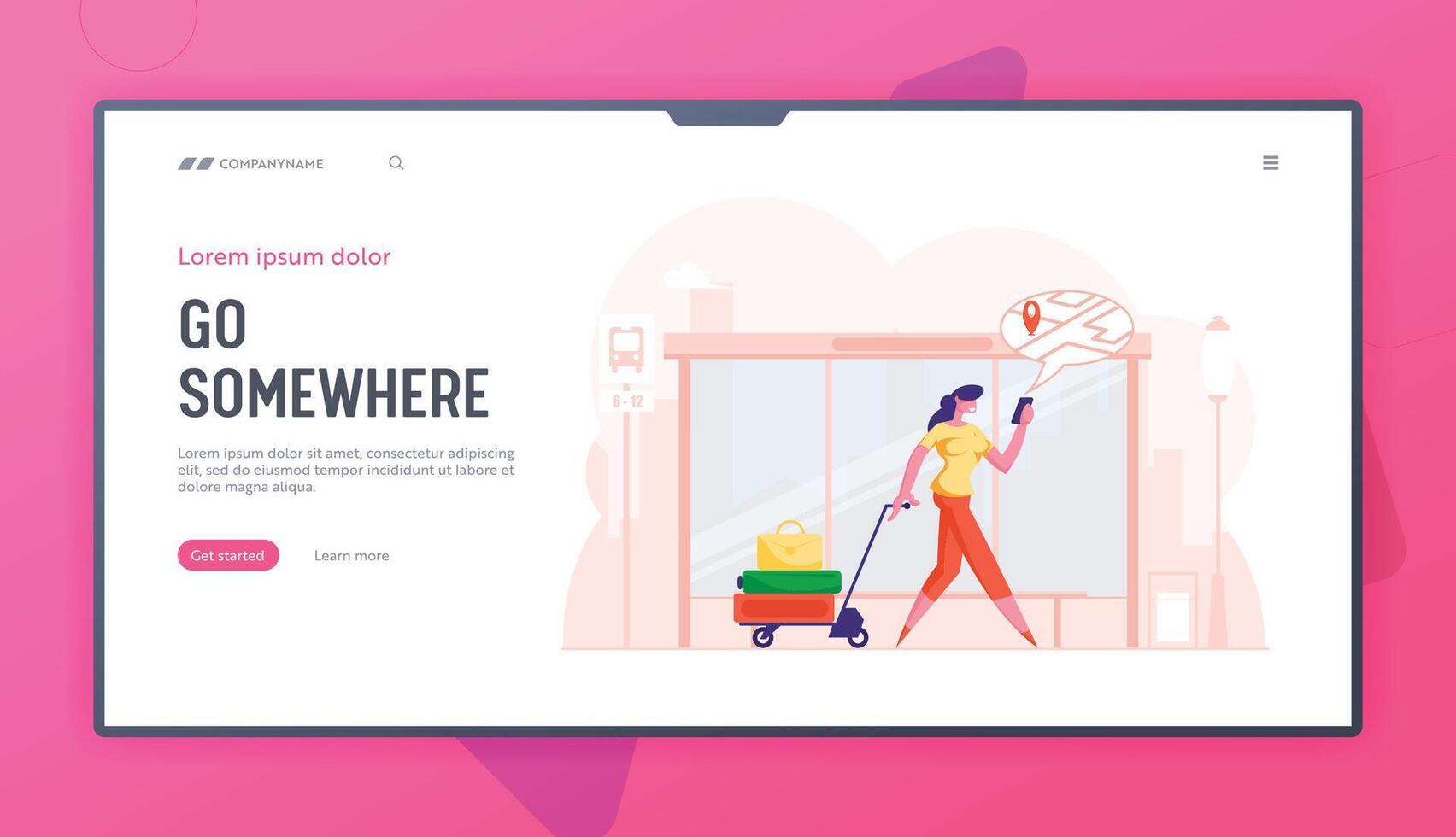 Online Navigation App Website Landing Page. Woman Pulling Trolley with Luggage Pass By Bus Stop Watching on Mobile Phone Screen with Gps Map Pointer Web Page Banner. Cartoon Flat Illustration vector