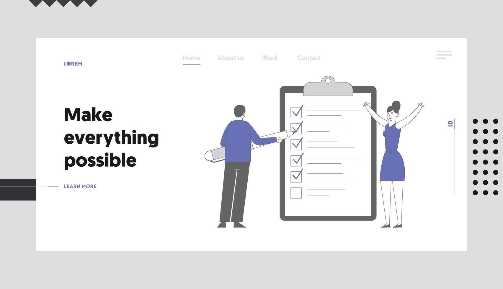 Searching Solution and Thinking New Idea Website Landing Page. Businessman Put Marks into Check Boxes Filling Checklist on Huge Clipboard Web Page Banner. Cartoon Flat Illustration, Line Art vector