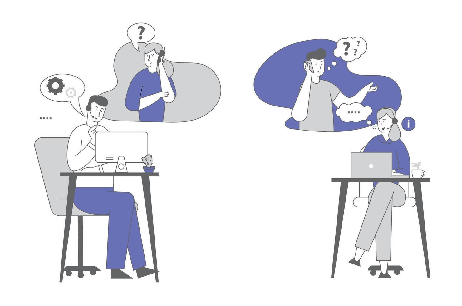 línea directa servicio. llamada centrar personal en auriculares chateando con clientes en computadora y teléfono. técnico apoyo especialista resolver cliente problemas en línea. dibujos animados plano ilustración, línea Arte vector