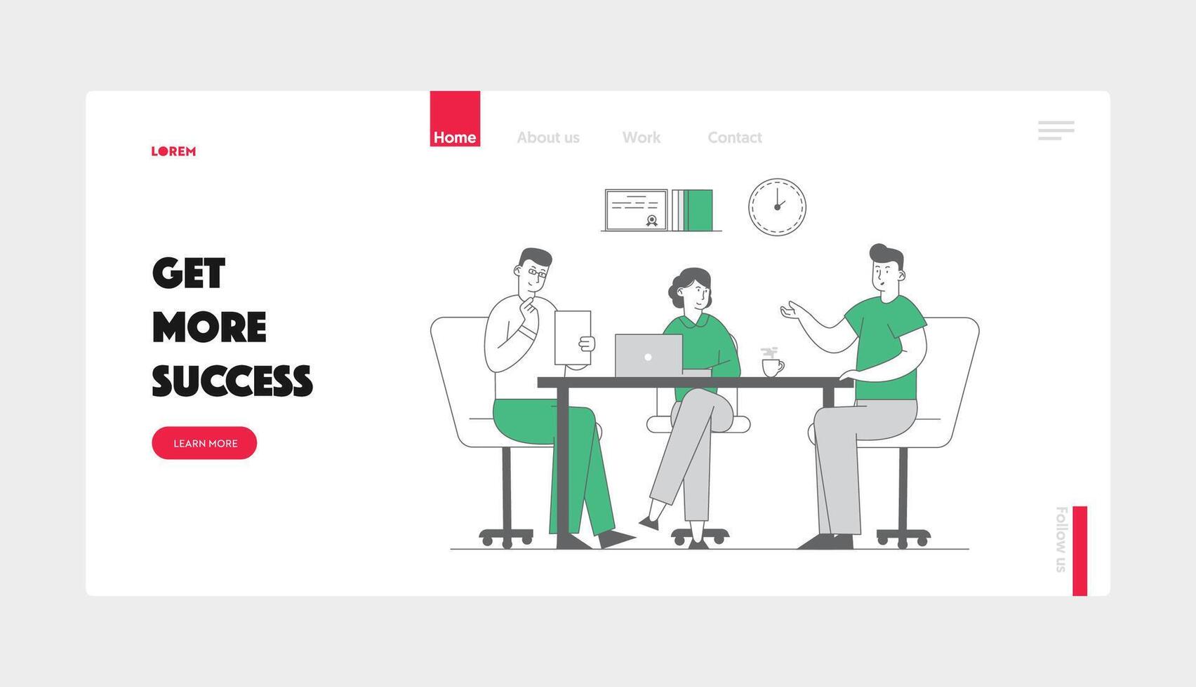 Hr Manager Hold Candidate Resume at Job Interview. Website Landing Page. Man Tell about Working Skill Ideas and Work Experience to Committee Web Page Banner. Cartoon Flat Illustration, Line Art vector