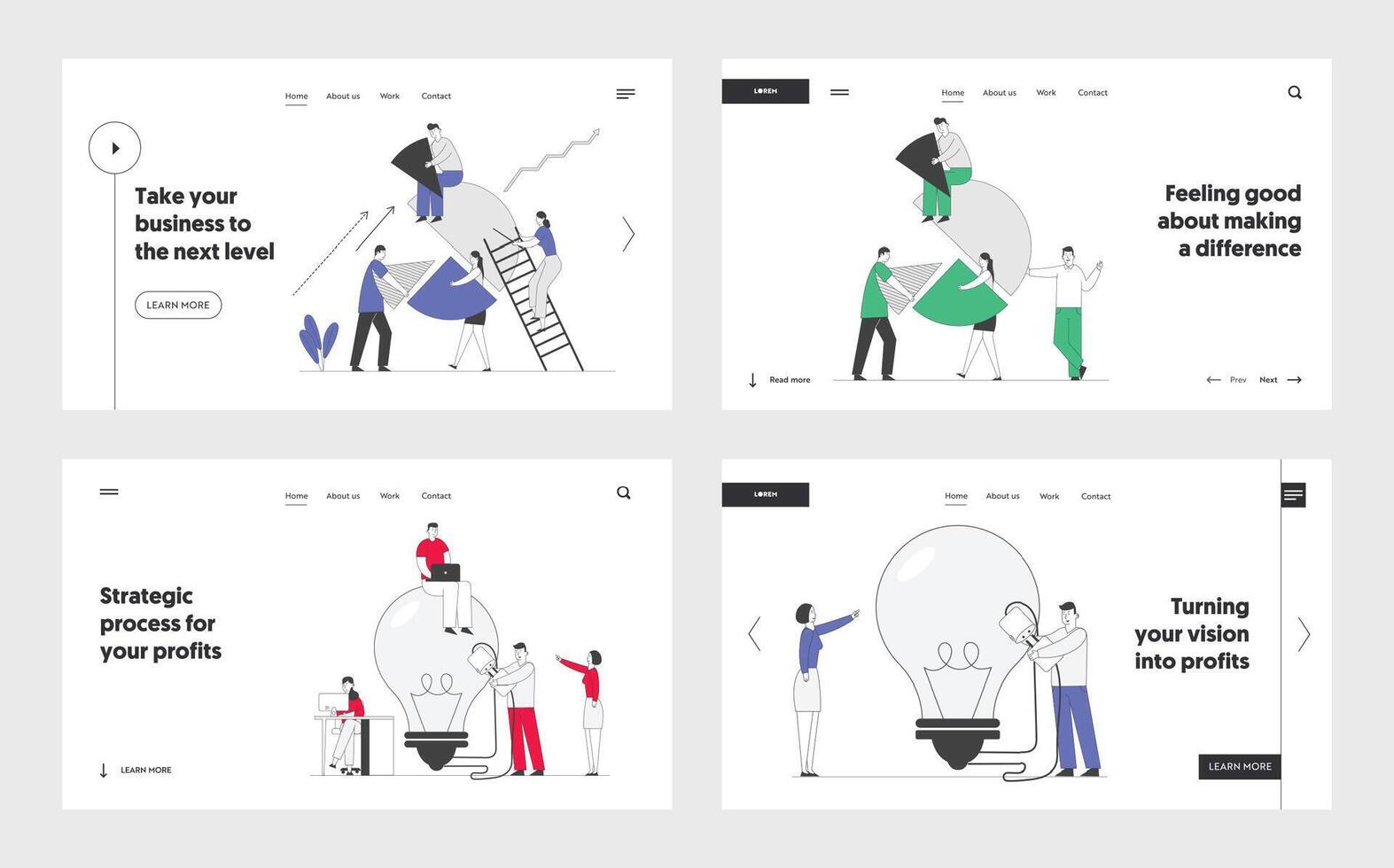 Business Idea, Teamwork Cooperation and Partnership Website Landing Page Set. Businesspeople Set Up Pie Chart, Switch on Huge Light Bulb. Solution Web Page Banner. Cartoon Flat Illustration vector