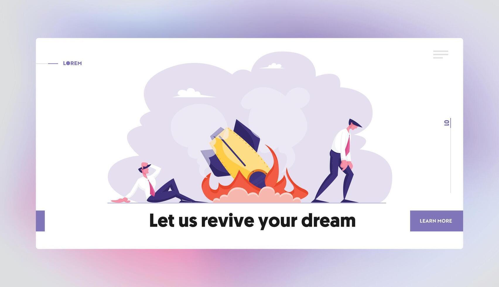 Company Startup Idea Failed. Bad Fortune, Fiasco Website Landing Page. Shocked Business Men Looking on Burning Spaceship or Rocket Fall Down on Ground Web Page Banner. Cartoon Flat Illustration vector