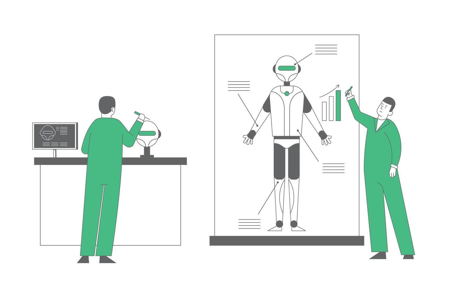 Engineers Create Robot in Laboratory. Artificial Intelligence Futuristic Technology. Innovative Look. Man Writing on Screen with Robot. Robotics Engineering Cartoon Flat Illustration, Line Art vector