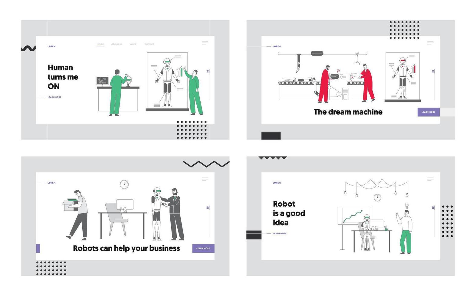 Robotics Hardware and Software Engineering, Human vs Robots Website Landing Page Set. Cyborg Kicked Man Away from Job. Scientists Create Ai Web Page Banner. Cartoon Flat Illustration, Line Art vector