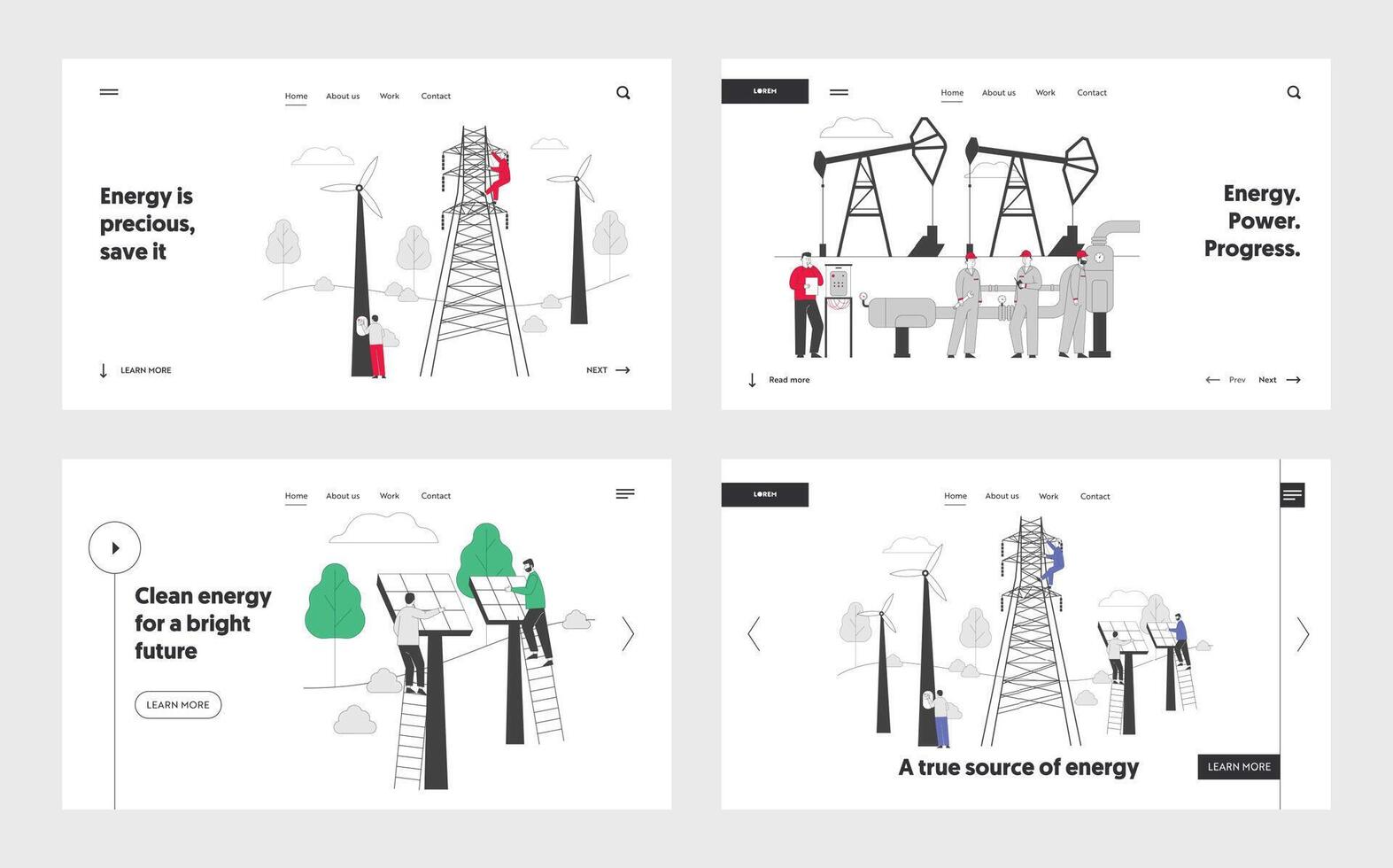 Environment, Sustainable Green Energy, Gas Industry Website Landing Page Set. People Using New Technologies for Power, Mining Resources Web Page Banner. Cartoon Flat Illustration, Line Art vector