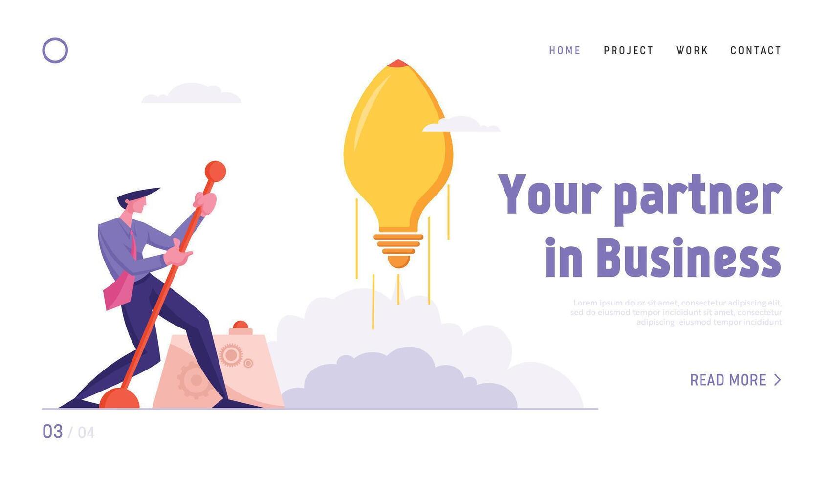 Financial Idea Strategy Realization Website Landing Page. Businessman Launch Light Bulb in Shape of Rocket Push Lever Arm, Business Project Startup Web Page Banner. Cartoon Flat Illustration vector