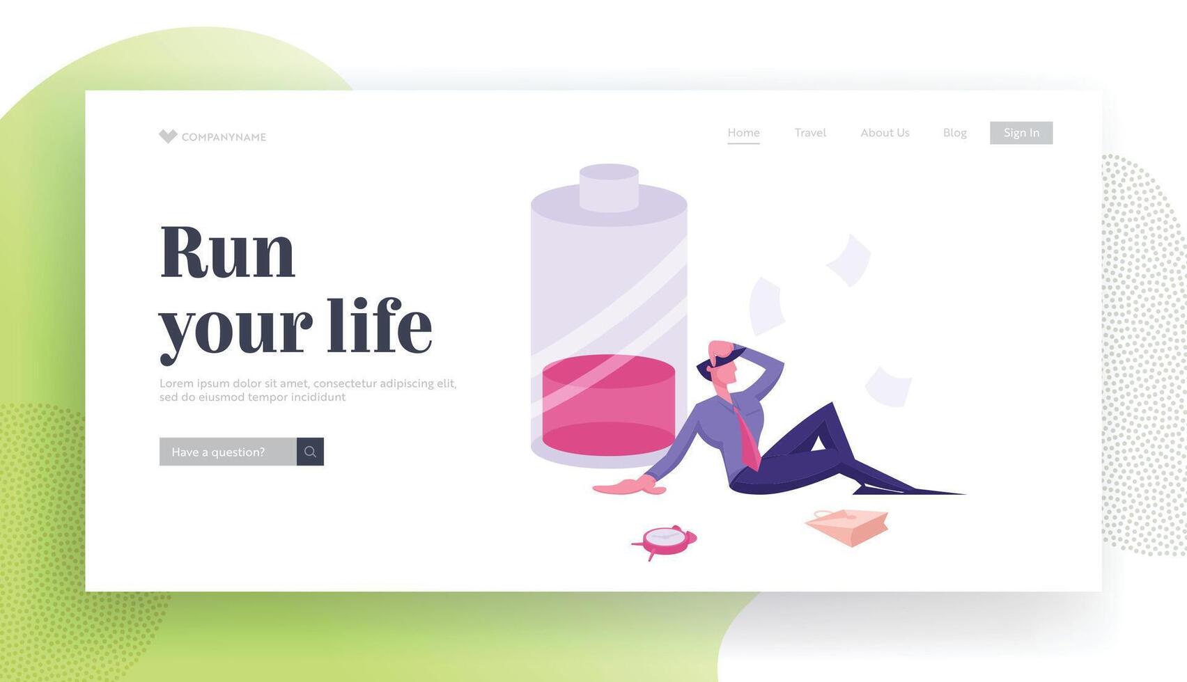 Deadline Overload Website Landing Page. Haggard Businessman Sit near Huge Battery with Low Red Charging and Alarm Clock. Working from the Last Forces. Web Page Banner. Cartoon Flat Illustration vector